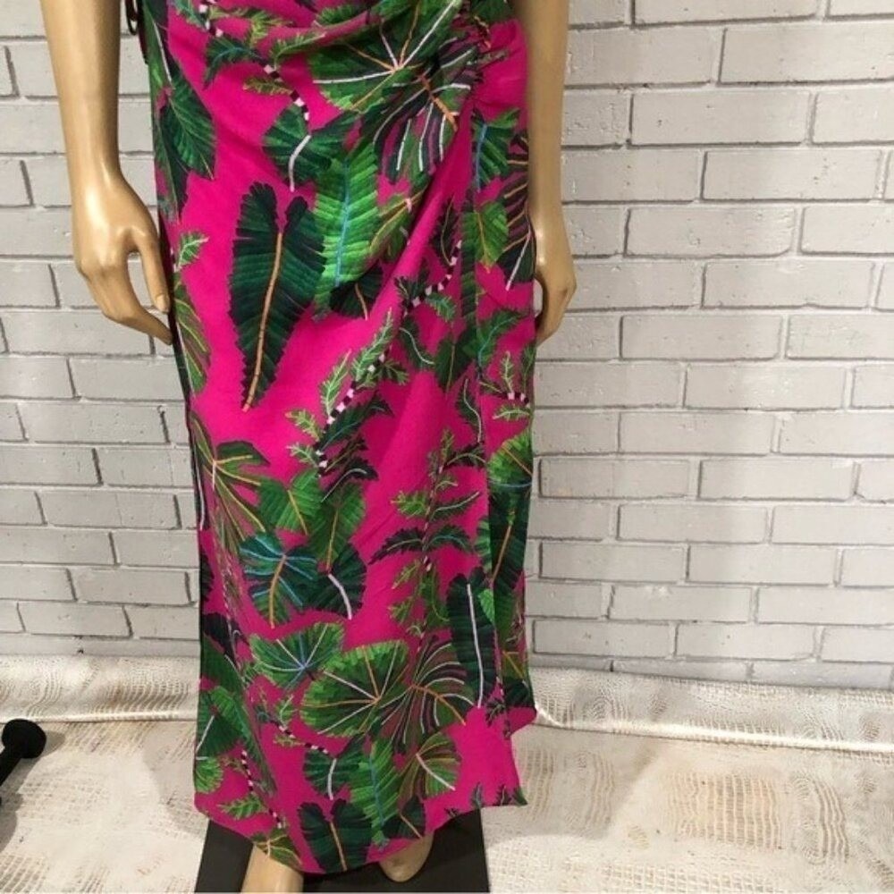 Farm Rio Pink Tropical Palm Leaf Print Ruched Side Spaghetti Strap Maxi Dress - Picture 7 of 10